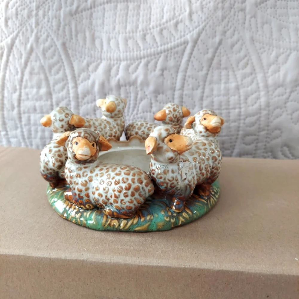 Studio art glazed stoneware pillar candle with lambs